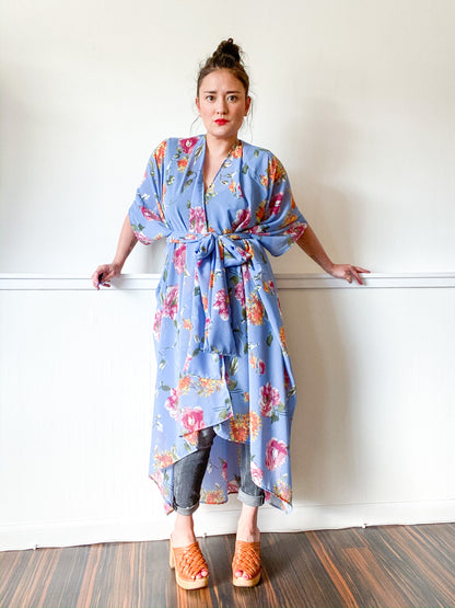 Print High Low Kimono Powder Blue Roses Chiffon