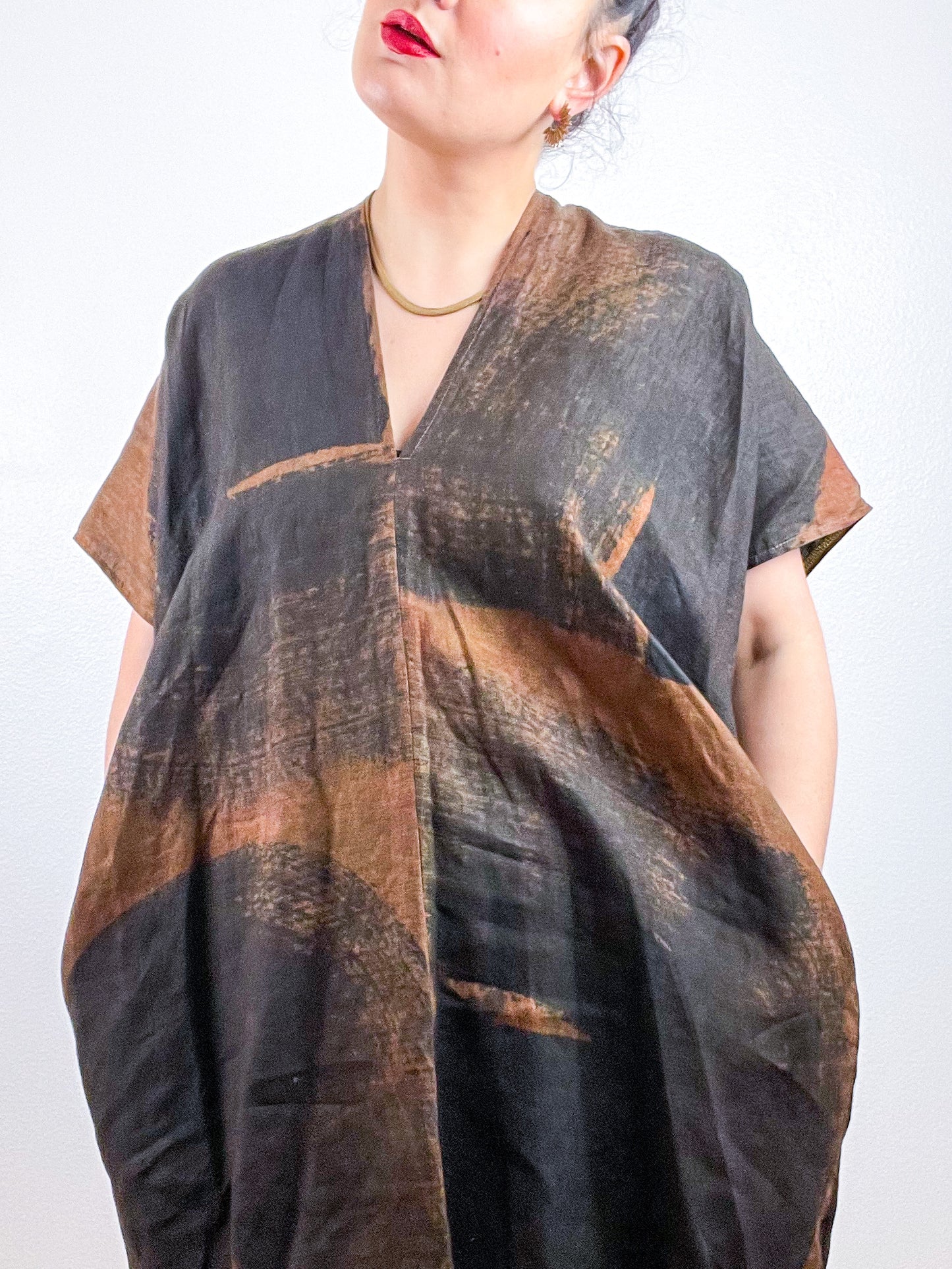 Hand-Dyed Linen Smock Dress Chestnut Black Brushstrokes