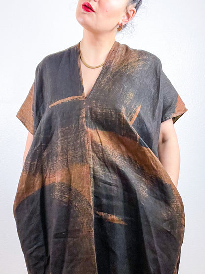 Hand-Dyed Linen Smock Dress Chestnut Black Brushstrokes