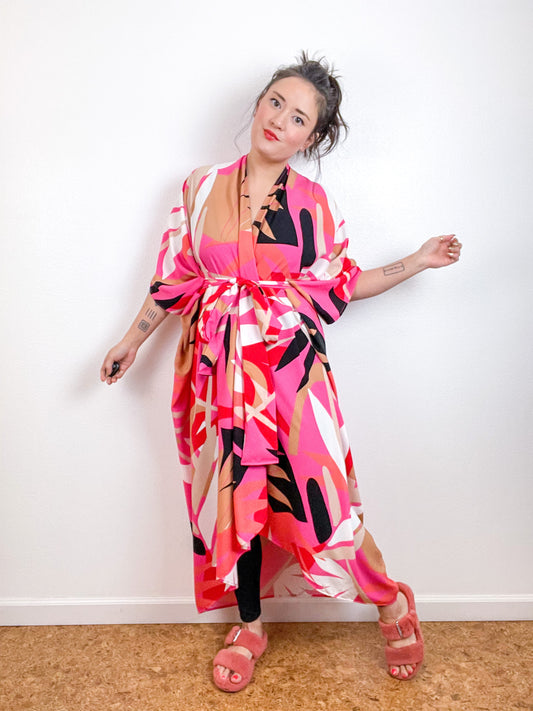 High Low Kimono Pink Red Palms Rayon Challis