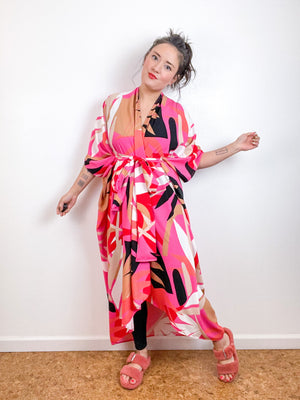 High Low Kimono Pink Red Palms Rayon Challis