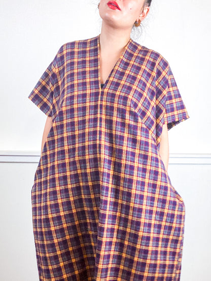 Plaid Smock Dress Grey Maroon Mustard