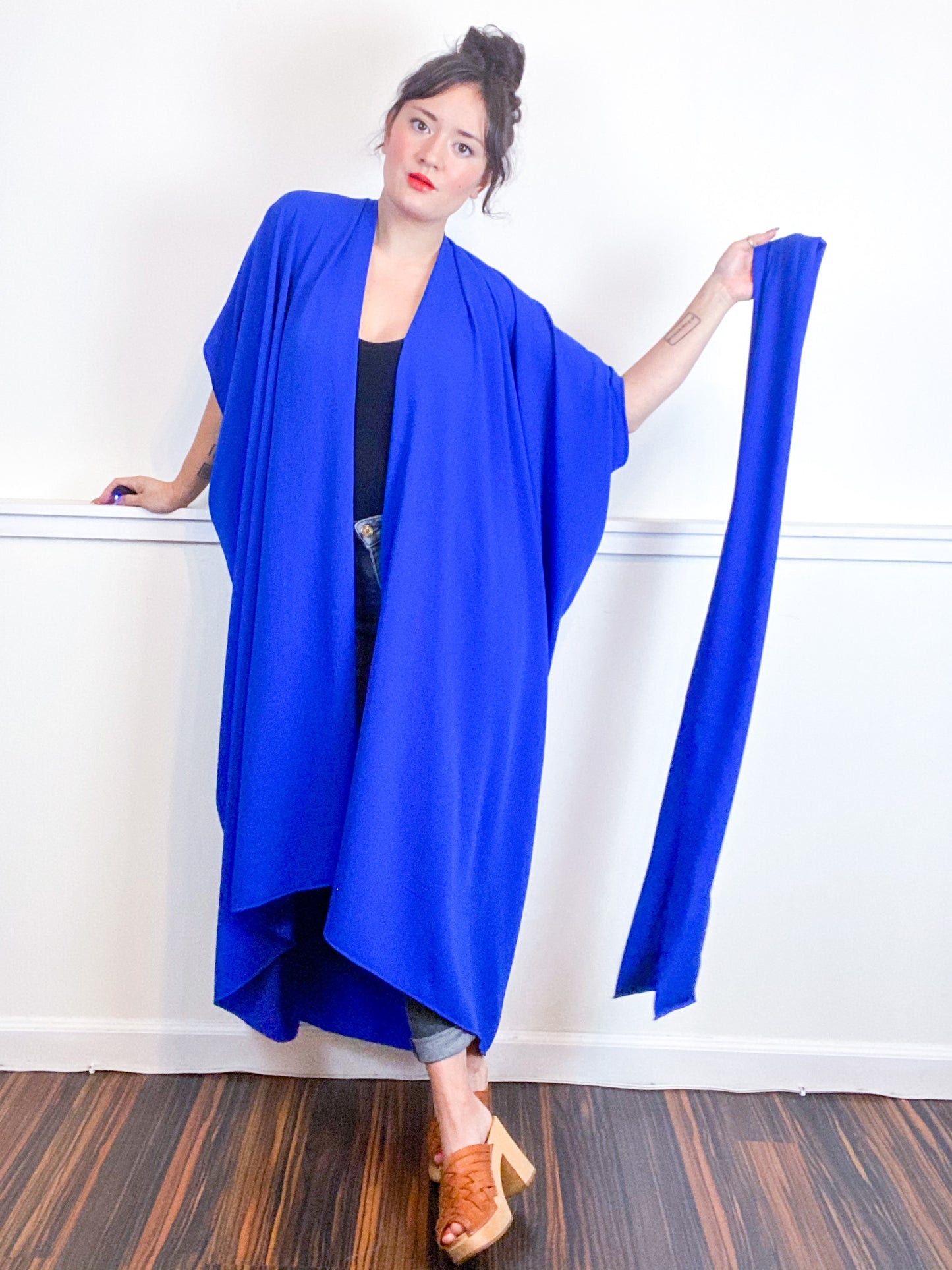Solid High Low Kimono Royal Blue Double Crepe