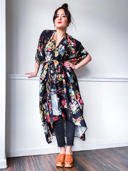 Print High Low Kimono Black Chrysanthemum Floral