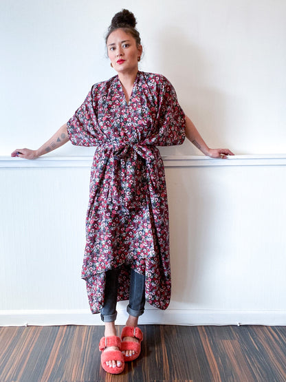 Print High Low Kimono Navy Fuchsia Green Floral Crepe de Chine