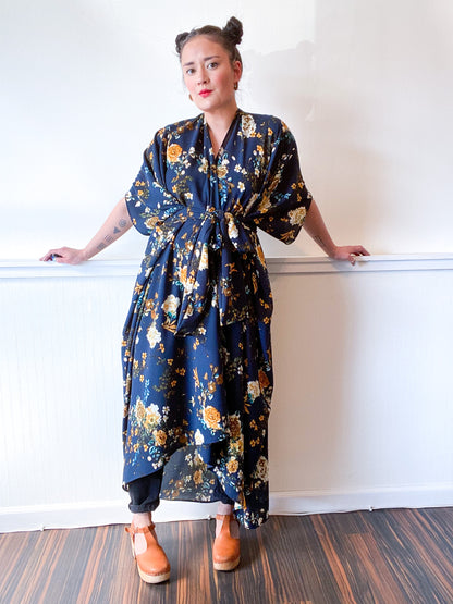 High Low Kimono Navy Yellow Floral Bubble Crepe
