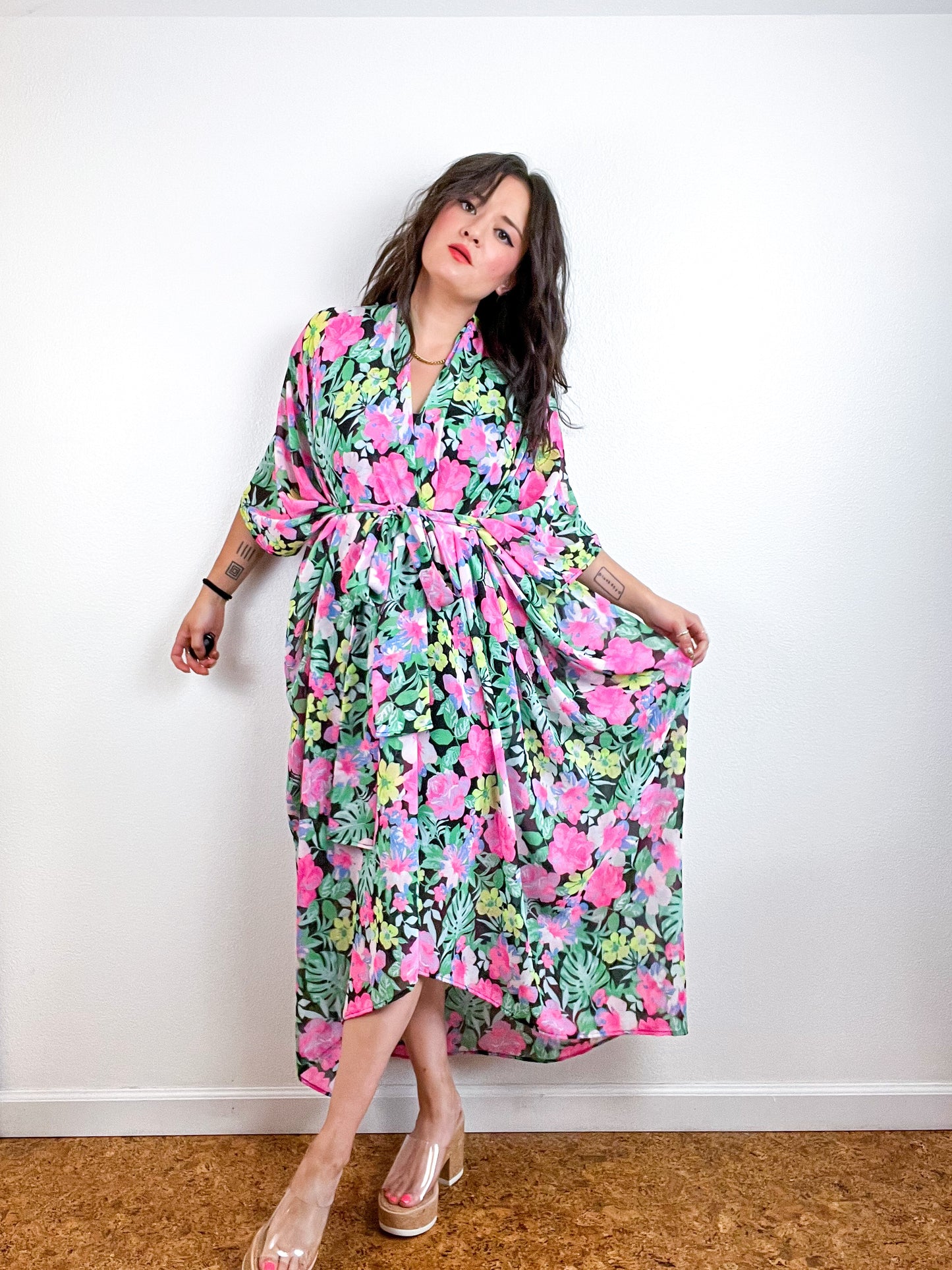 Print High Low Kimono Black Neon Floral Chiffon