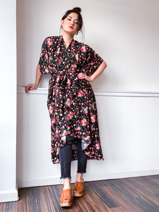 Print High Low Kimono Black Mini Red Rose Floral