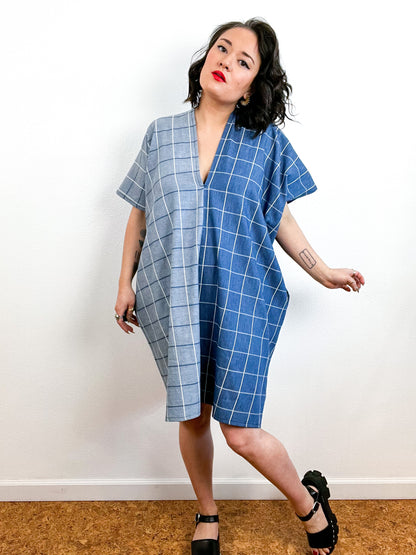 Chambray Windowpane Mini Smock Dress Two Tone