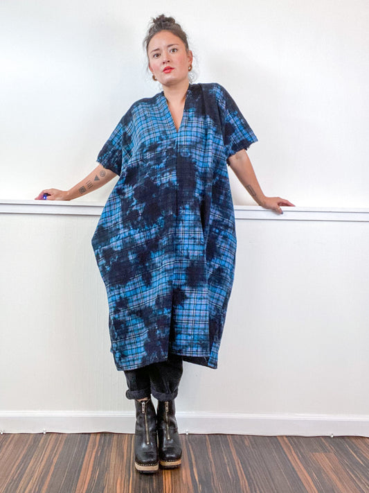 Over-Dye Plaid Smock Dress Turquoise Black Midi