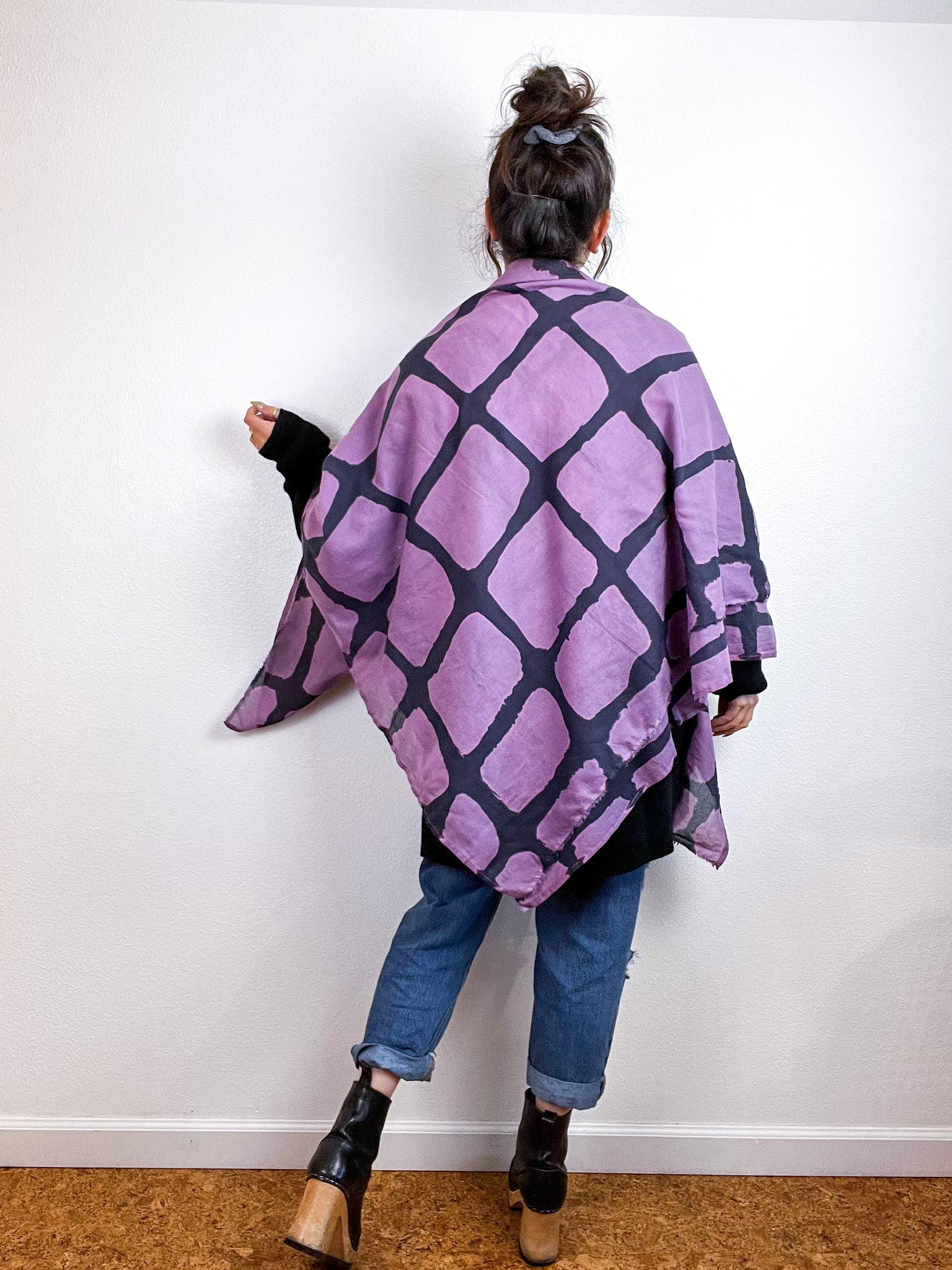 Hand-Dyed Cotton Voile Scarf Lilac Black Windowpane