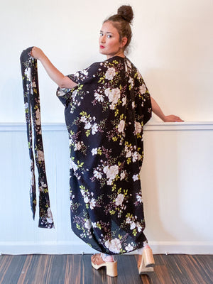 Print High Low Kimono Black Floral Rayon Challis