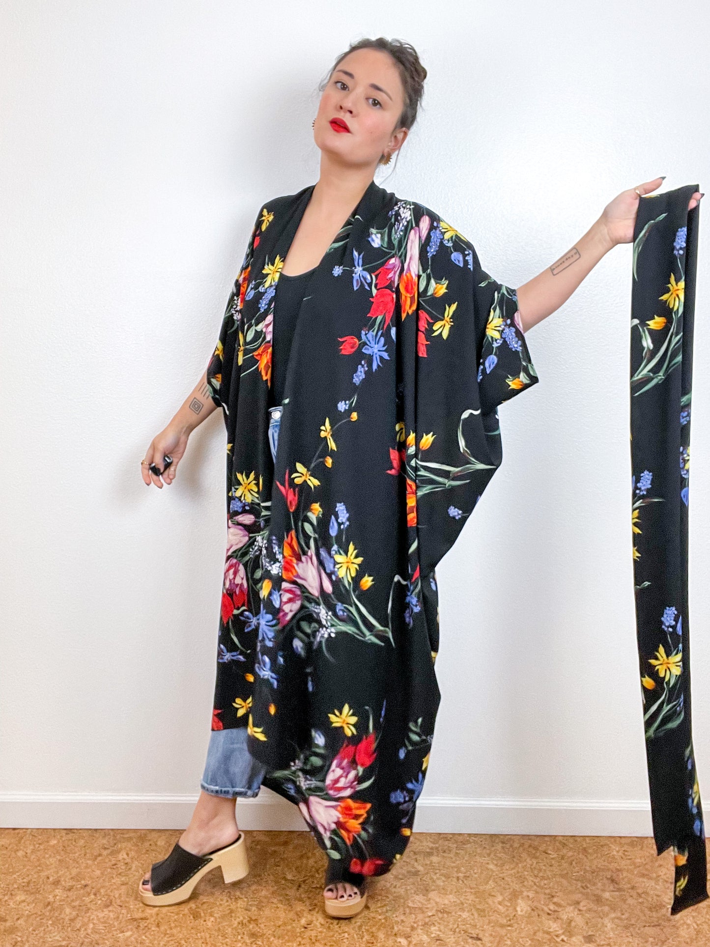 Print High Low Kimono Black Tulip Bubble Crepe