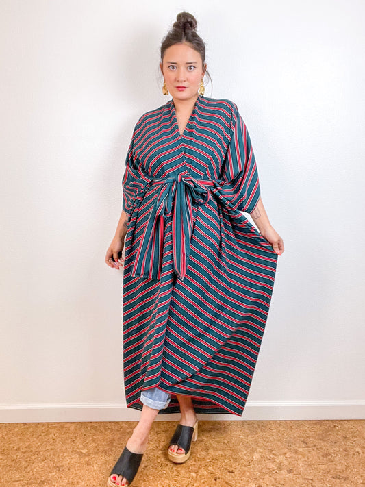 Print High Low Kimono Hunter Red Stripe Bubble Crepe