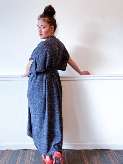 Print High Low Kimono Navy Mini Dots Crepe de Chine