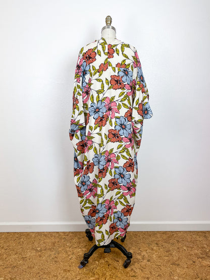 Print High Low Kimono Ivory Pastel Floral Rayon Crepe