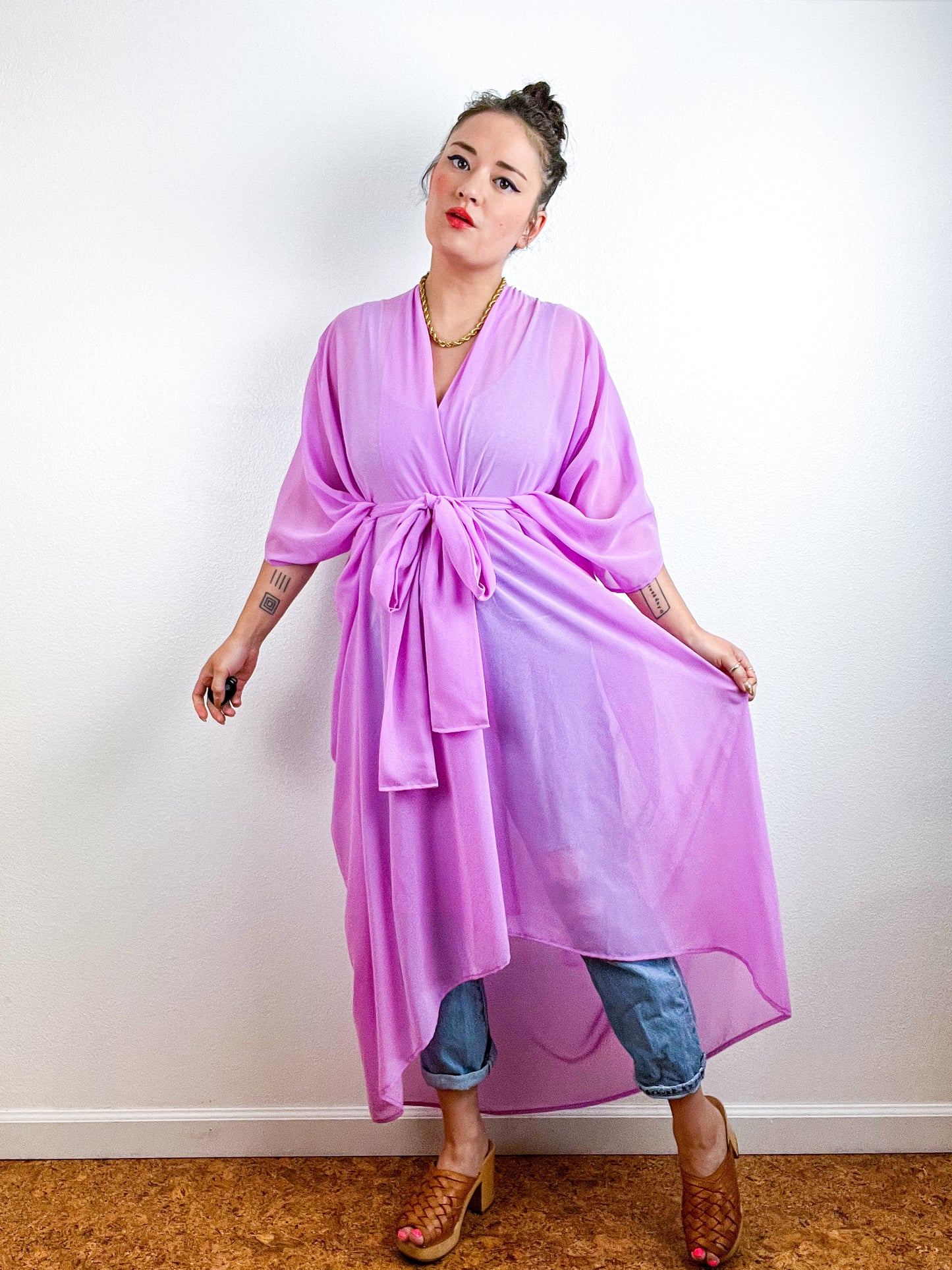 Solid High Low Kimono Orchid Chiffon