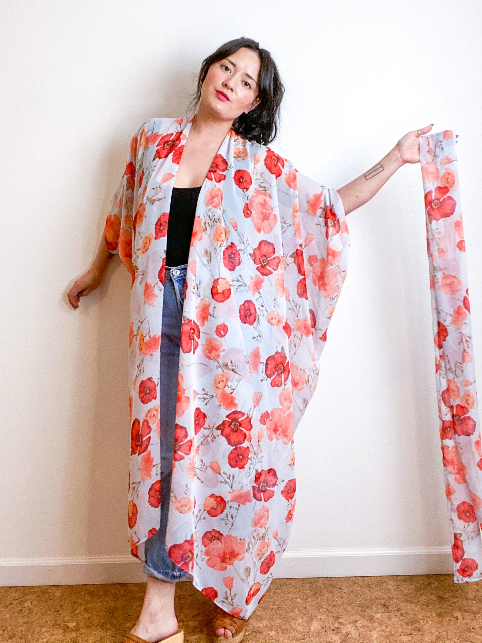 Print High Low Kimono Poppies Chiffon