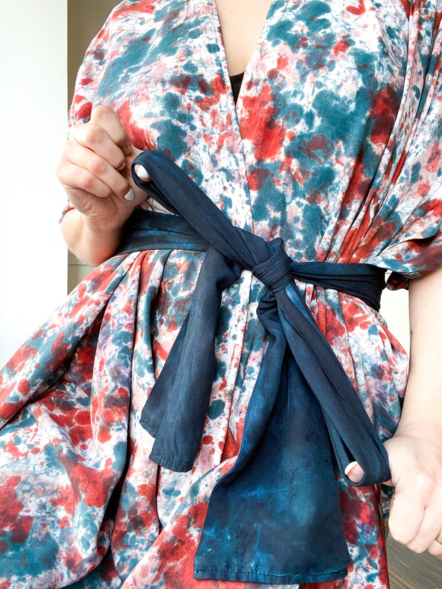Hand-Dyed High Low Kimono Speckle Teal Terracotta Pink