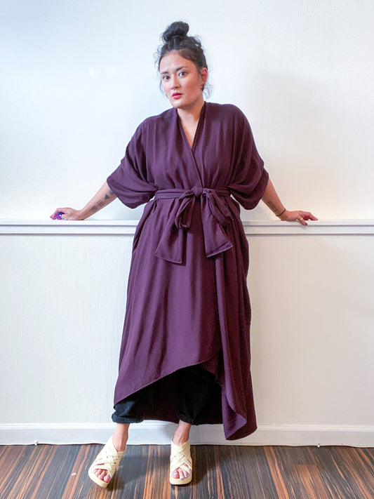 Solid High Low Kimono Plum Rayon Twill