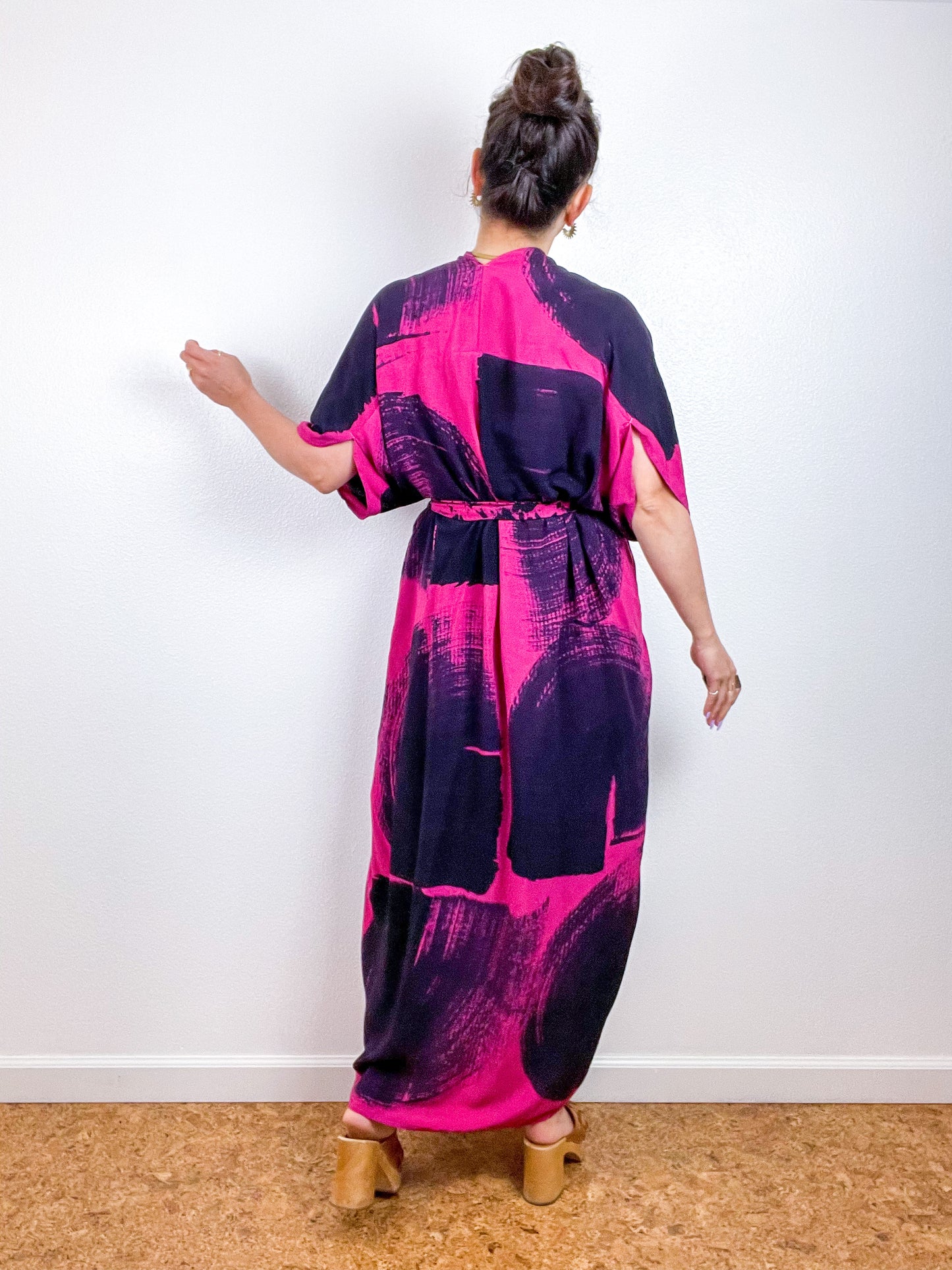 Hand-Dyed High Low Kimono Fuchsia Black Brushstroke