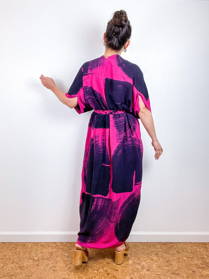 Hand-Dyed High Low Kimono Fuchsia Black Brushstroke