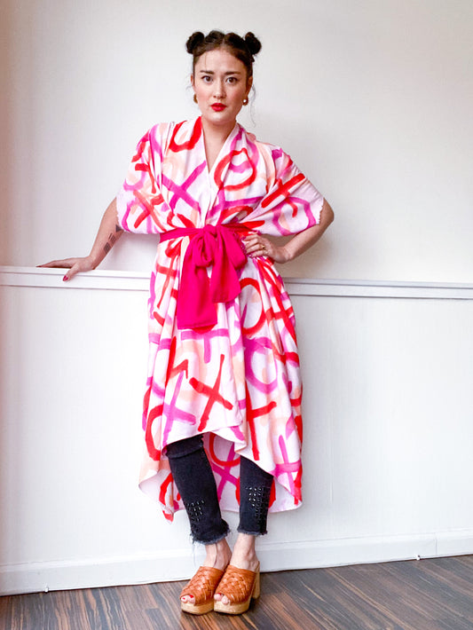 Limited Edition Hand-Dyed High Low Kimono XO Pink Red