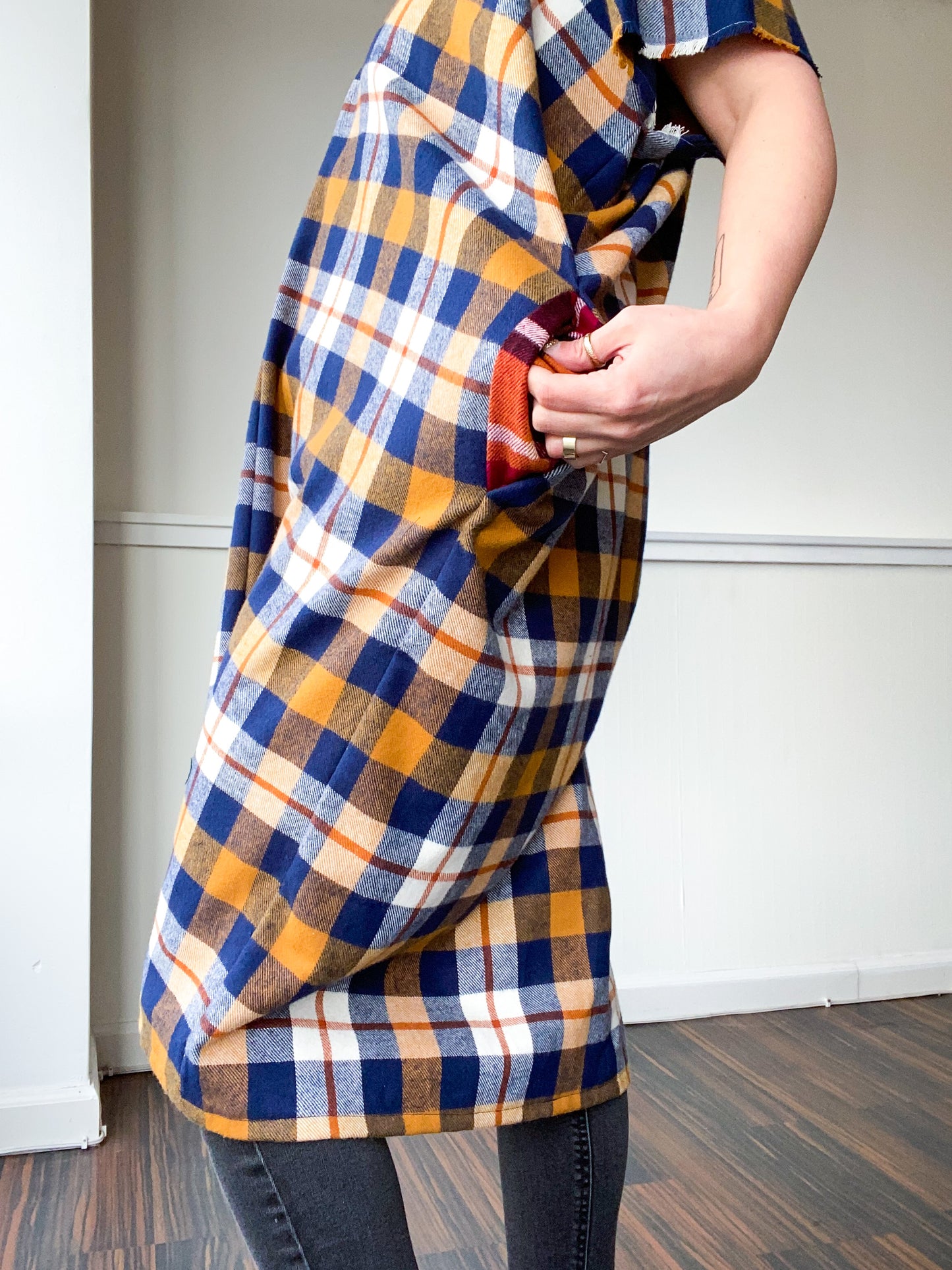 Plaid Midi Smock Dress Mustard Navy