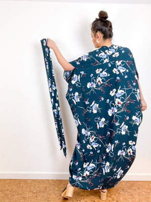High Low Kimono Navy Blossoms Rayon Challis