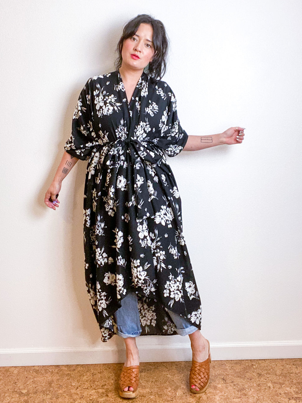 Print High Low Kimono Black White Floral Challis