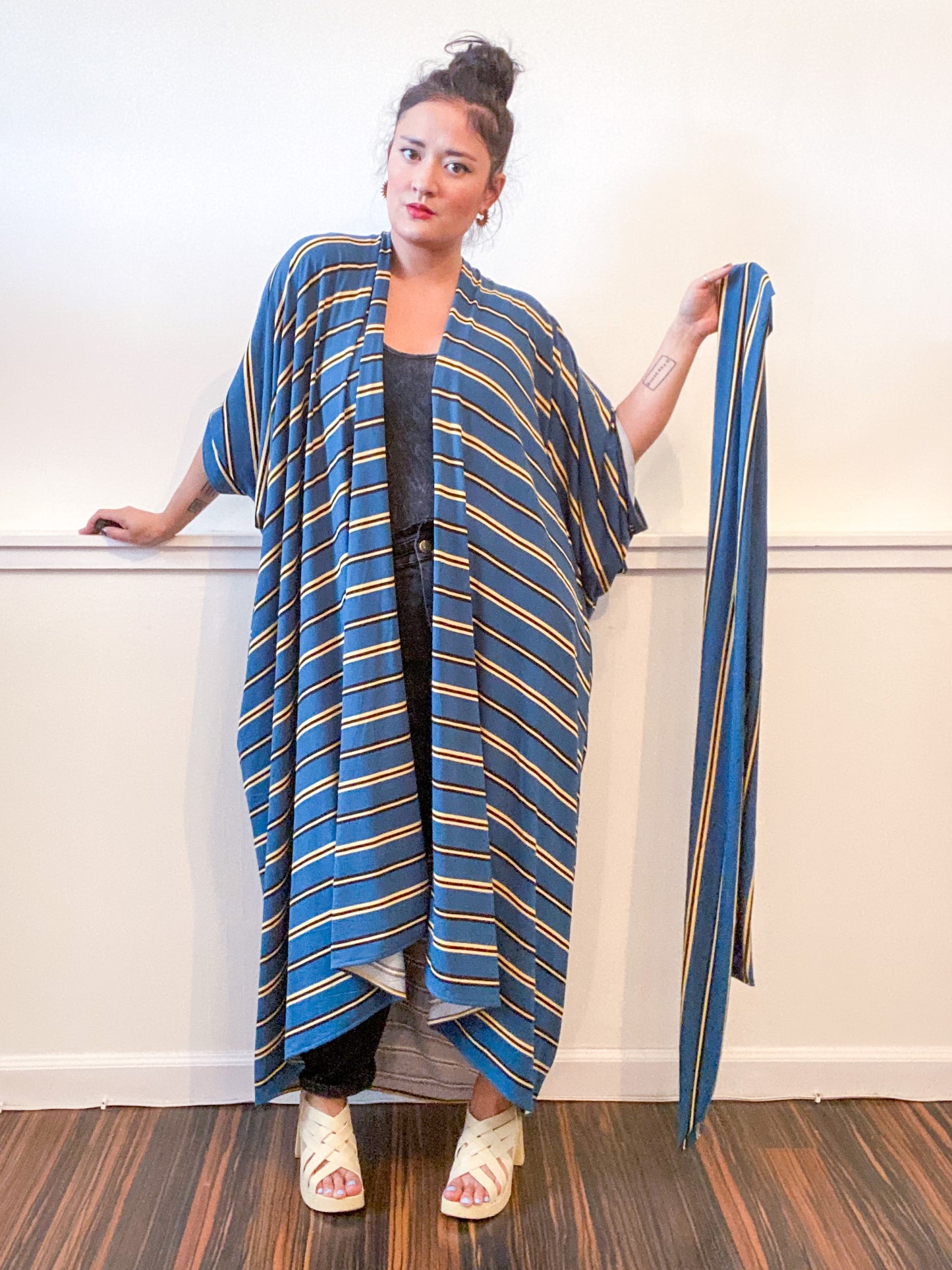 Print High Low Kimono Teal Stripes Knit