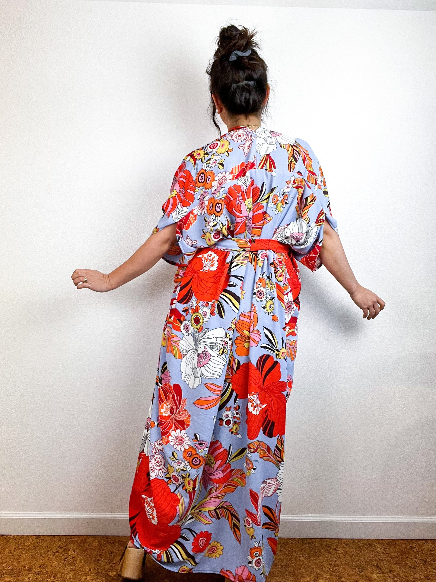 Print High Low Kimono Blue Orange Floral Crepe