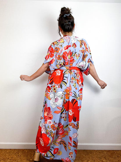 Print High Low Kimono Blue Orange Floral Crepe