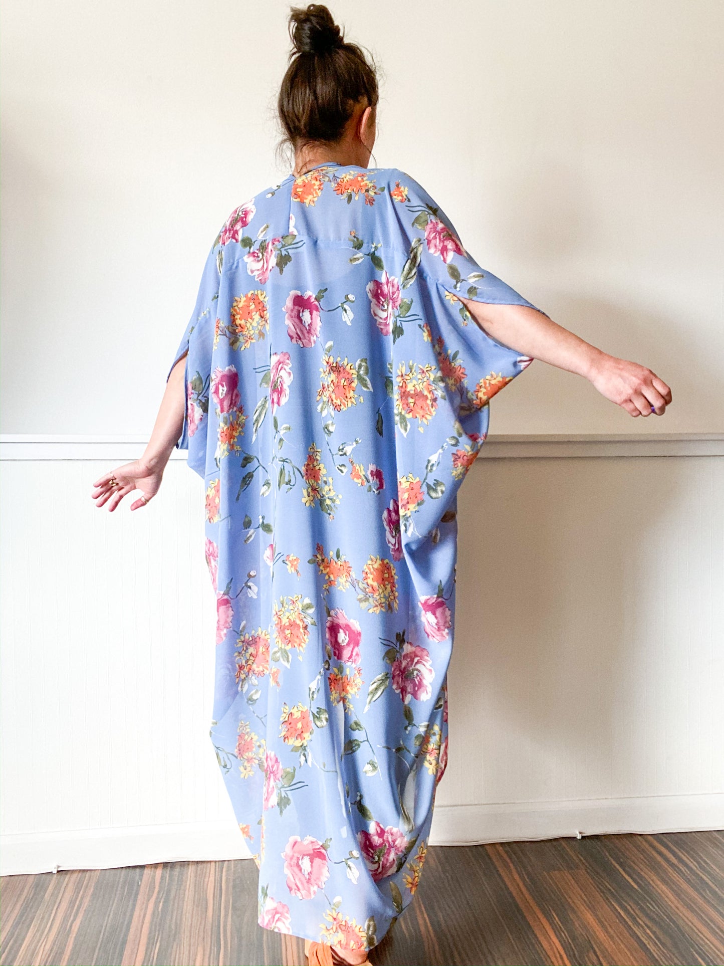Print High Low Kimono Powder Blue Roses Chiffon