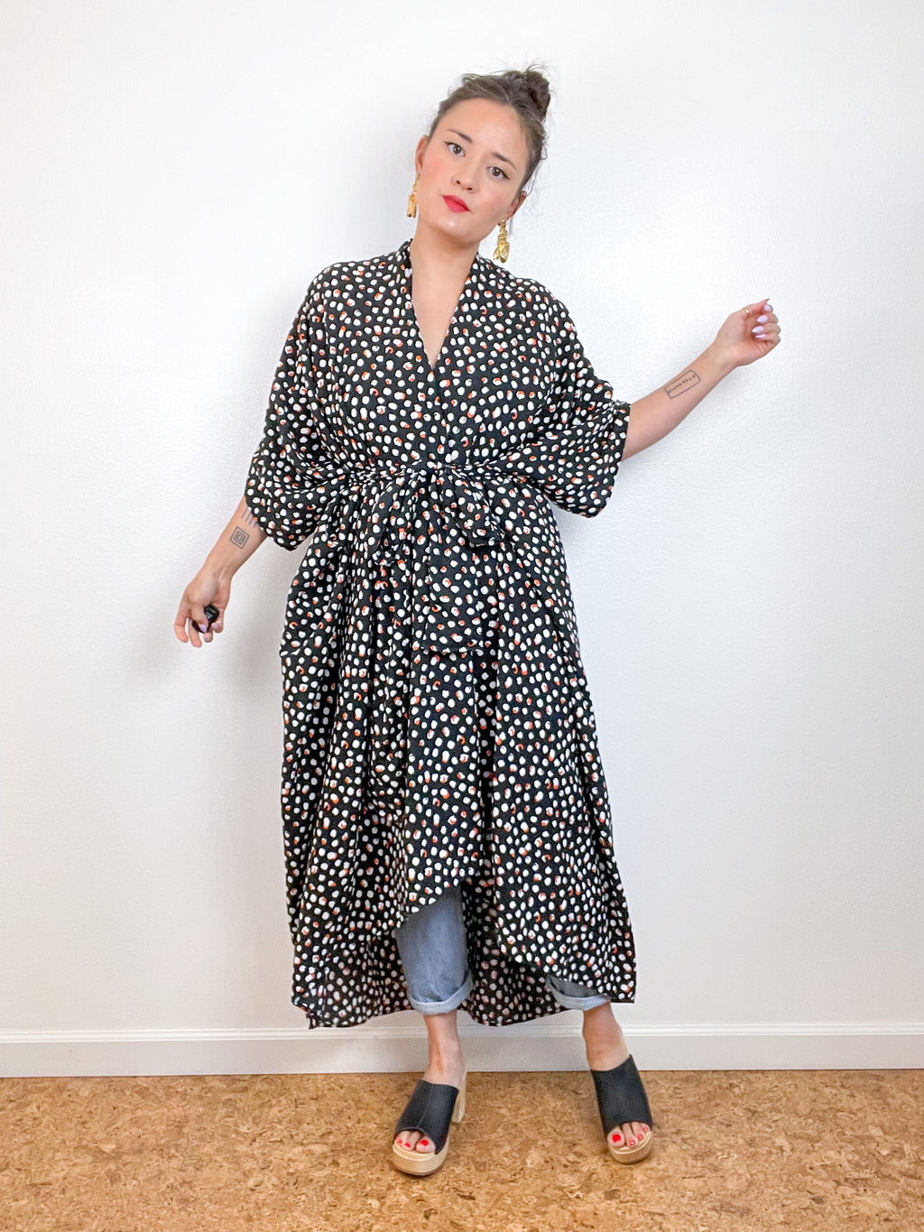 Print High Low Kimono Black White Rust Dots Challis