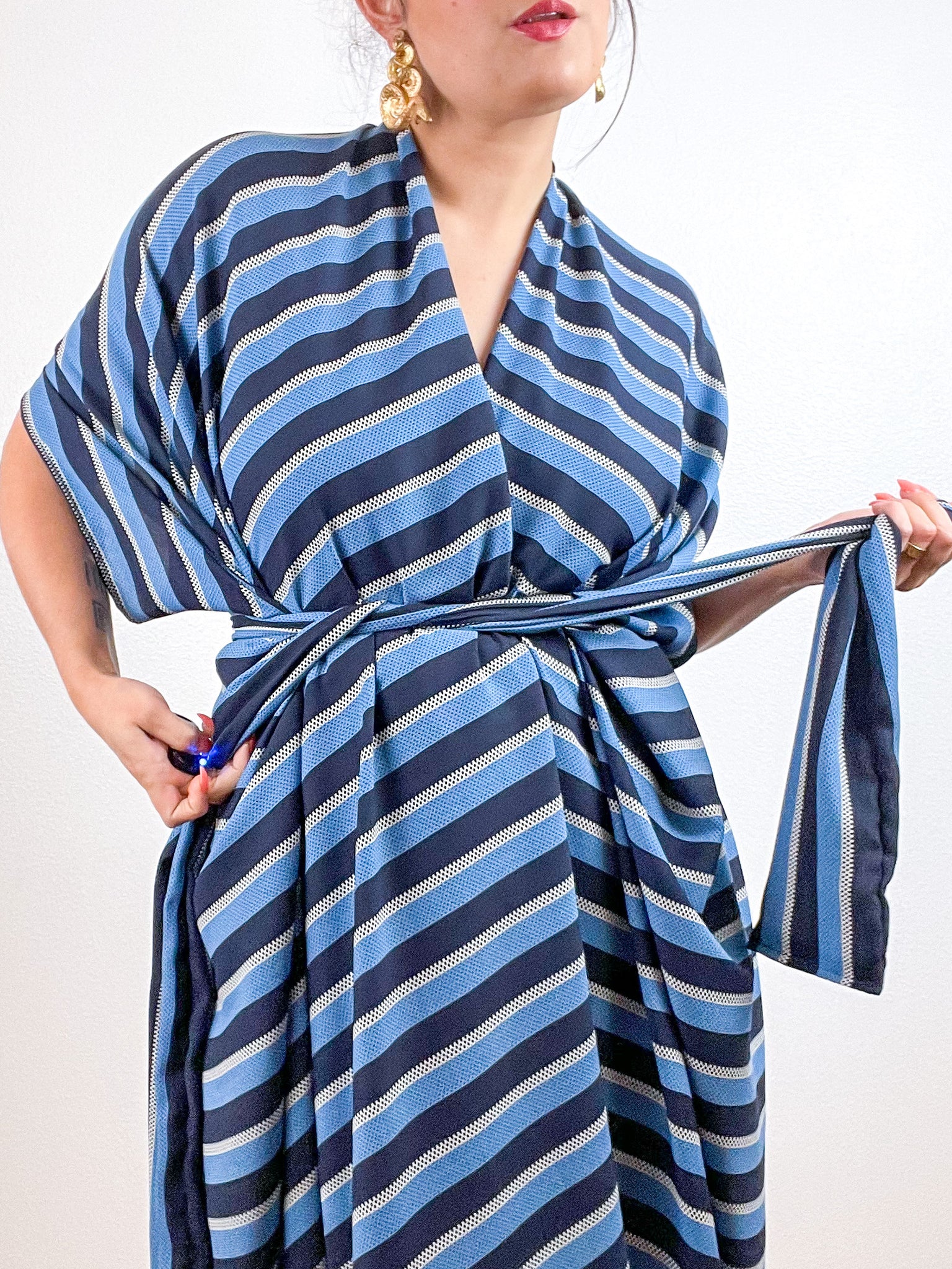 Print High Low Kimono Navy Blue Stripe Crepe