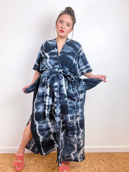 Single Gauze Duster Kimono Black Tie
