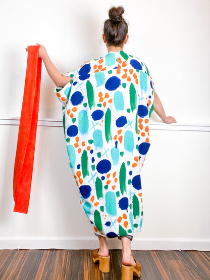 OOAK Hand-Dyed High Low Kimono Indigo Tangerine Emerald Parakeet Confetti