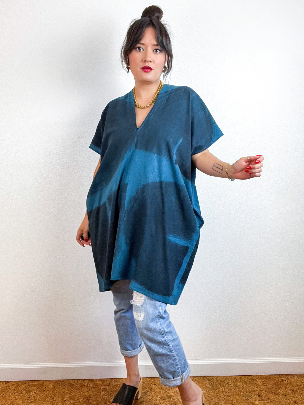 Hand-Dyed Mini Smock Dress Teal Black Brush