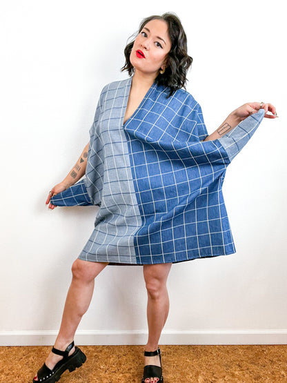 Chambray Windowpane Mini Smock Dress Two Tone