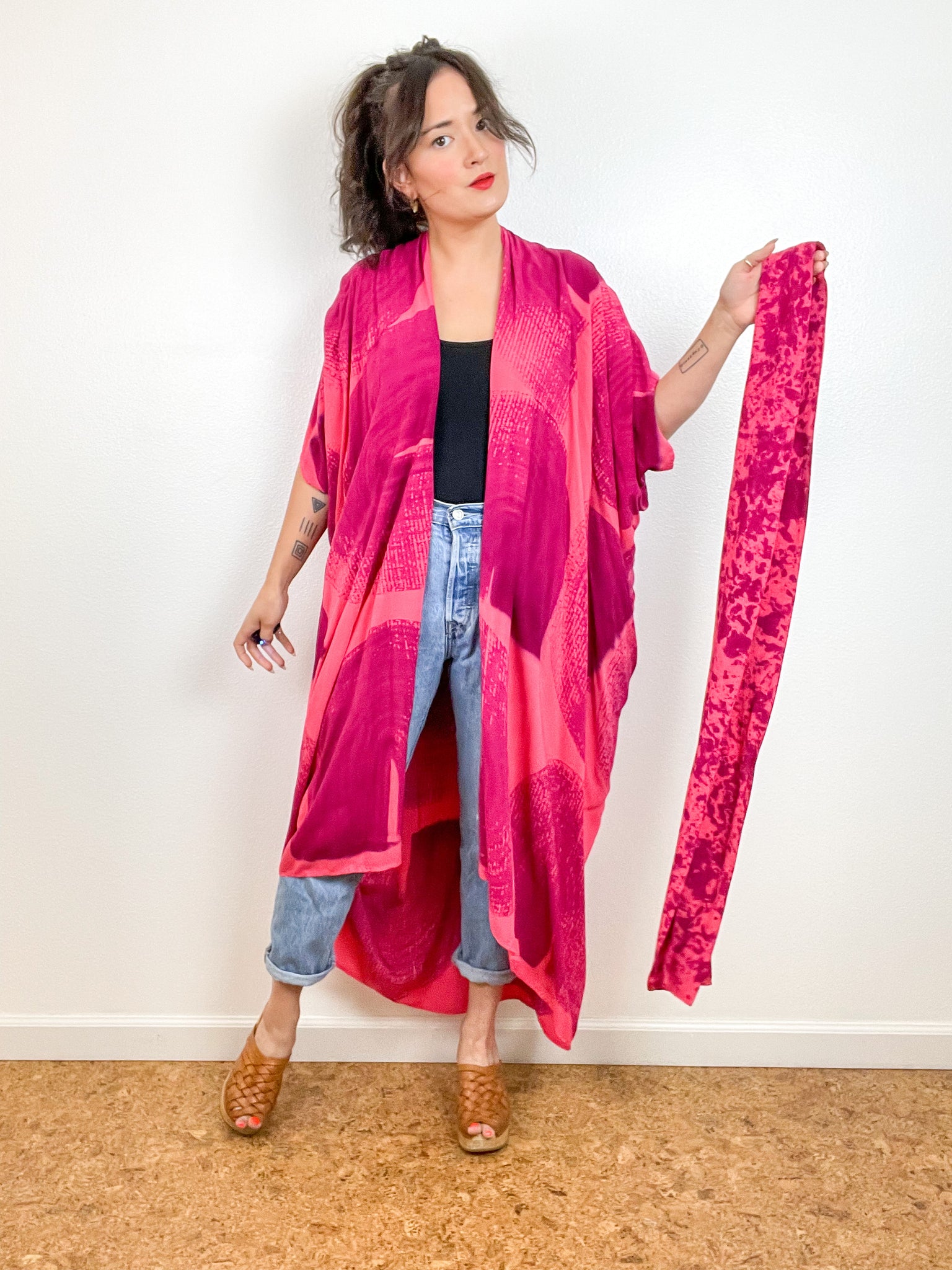 Hand-Dyed High Low Kimono Coral Maroon Brushstroke