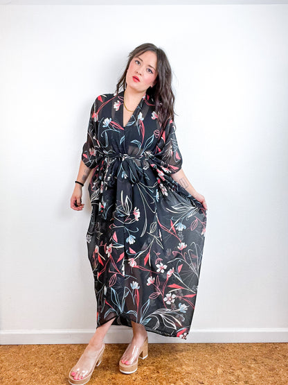 Print High Low Kimono Black Whispy Floral Crinkle Chiffon