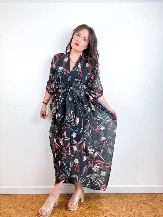 Print High Low Kimono Black Whispy Floral Crinkle Chiffon