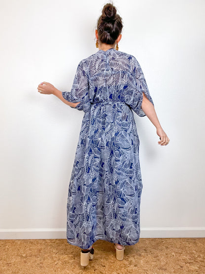Print High Low Kimono Navy Tropical Palms Chiffon