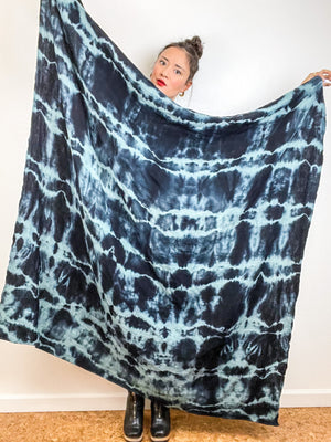 Hand-Dyed Cotton Blanket Scarf Sage Black Lines
