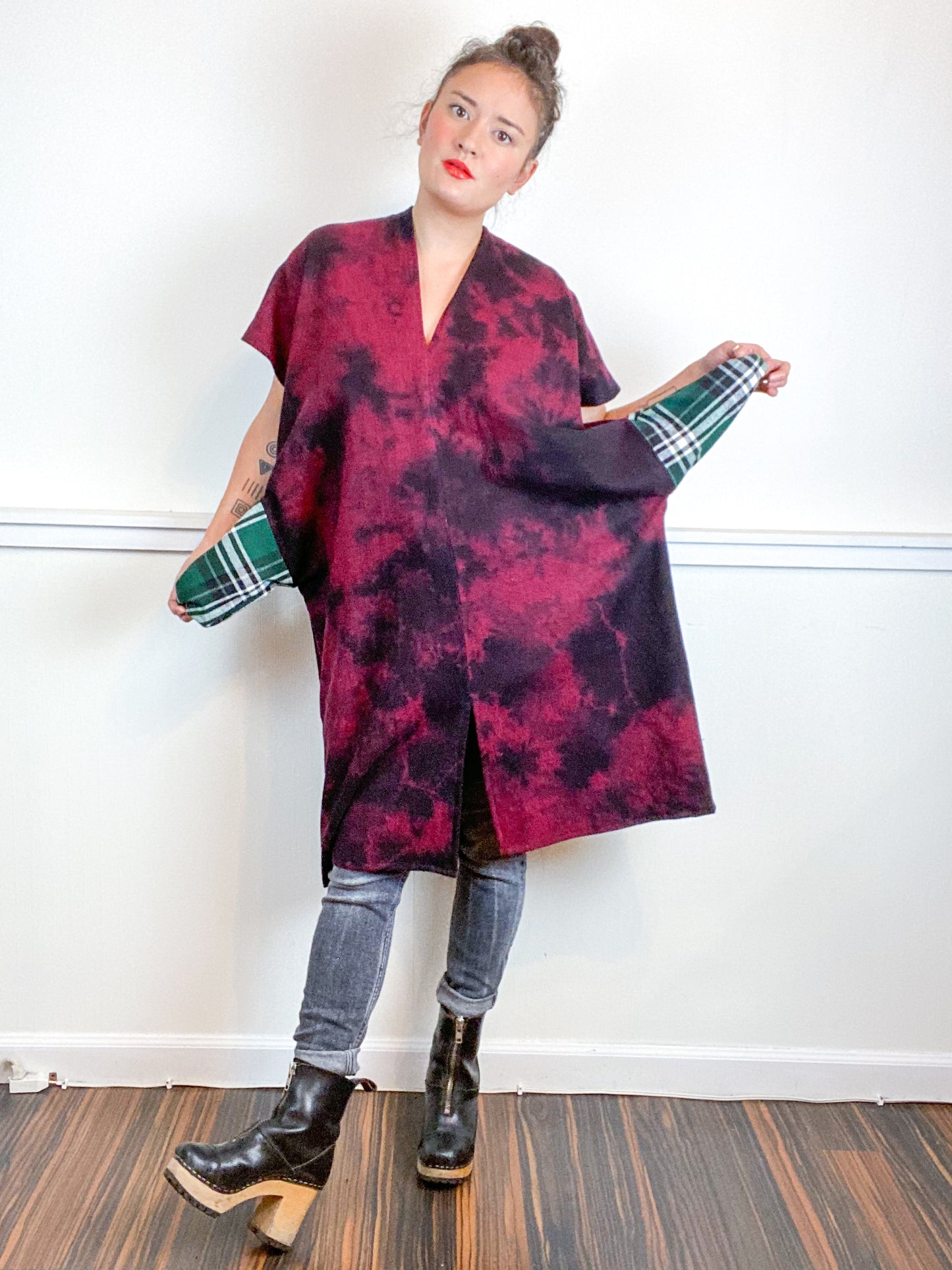 Over-Dye Herringbone Smock Dress Black Red Midi