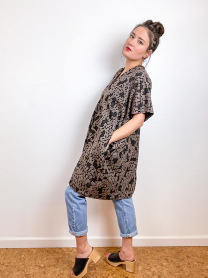 Jacquard Knit Smock Dress Black and Tan