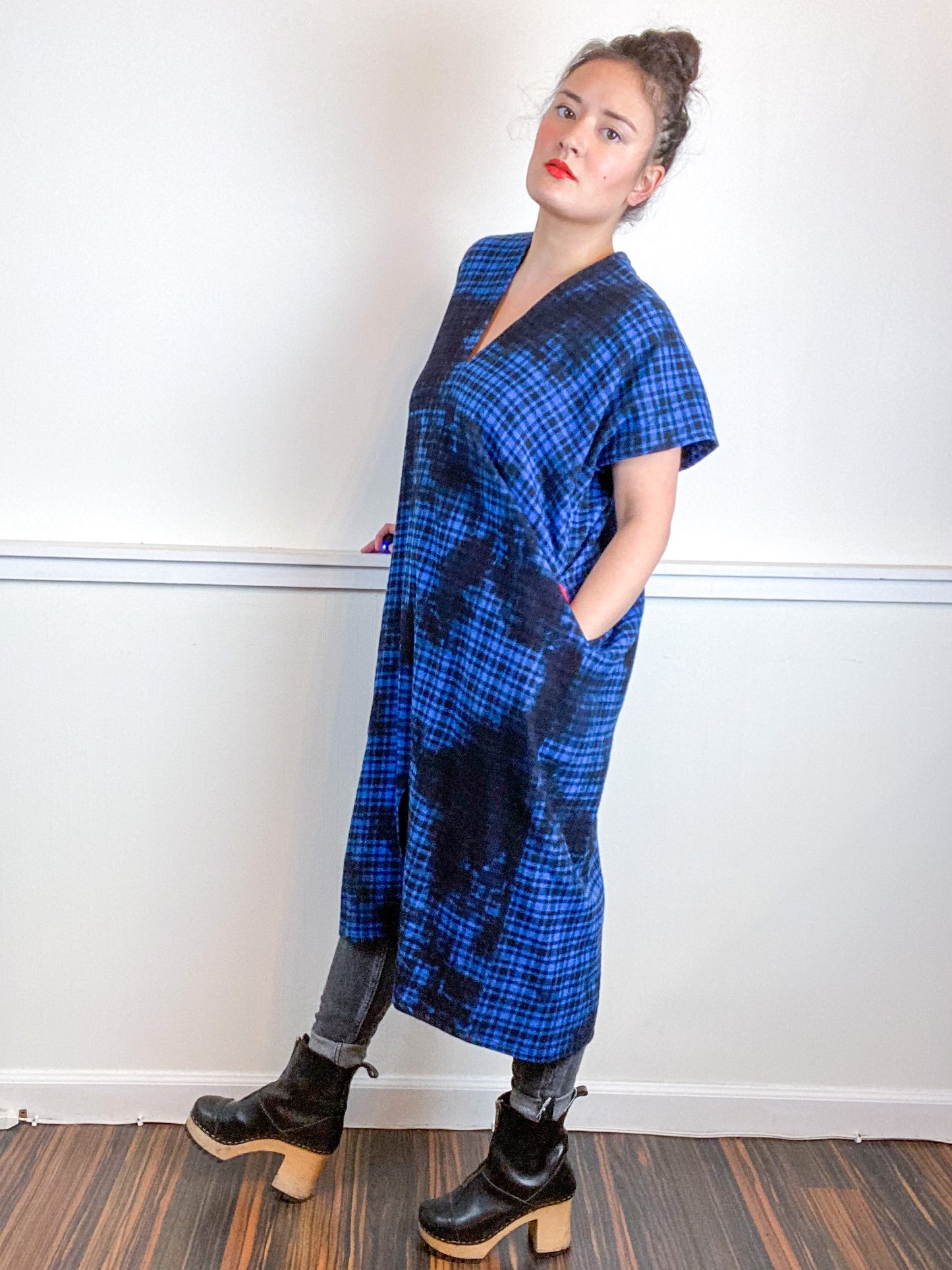 Over-Dye Plaid Smock Dress Black Blue Midi