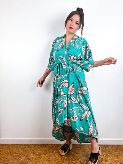 Print High Low Kimono Green Tan Leaves Challis
