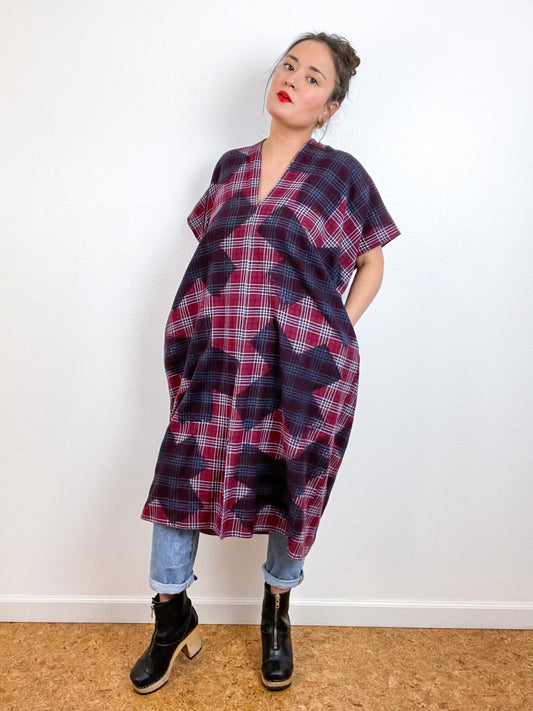 Disrupted Plaid Flannel Smock Dress Black X Maroon